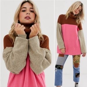 Free People Pink and Brown Colorblock Turtleneck Sweater